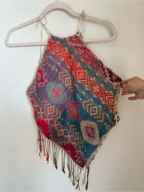 Boho Diamond Mosaic Fringe Halter Top - Teal & Red